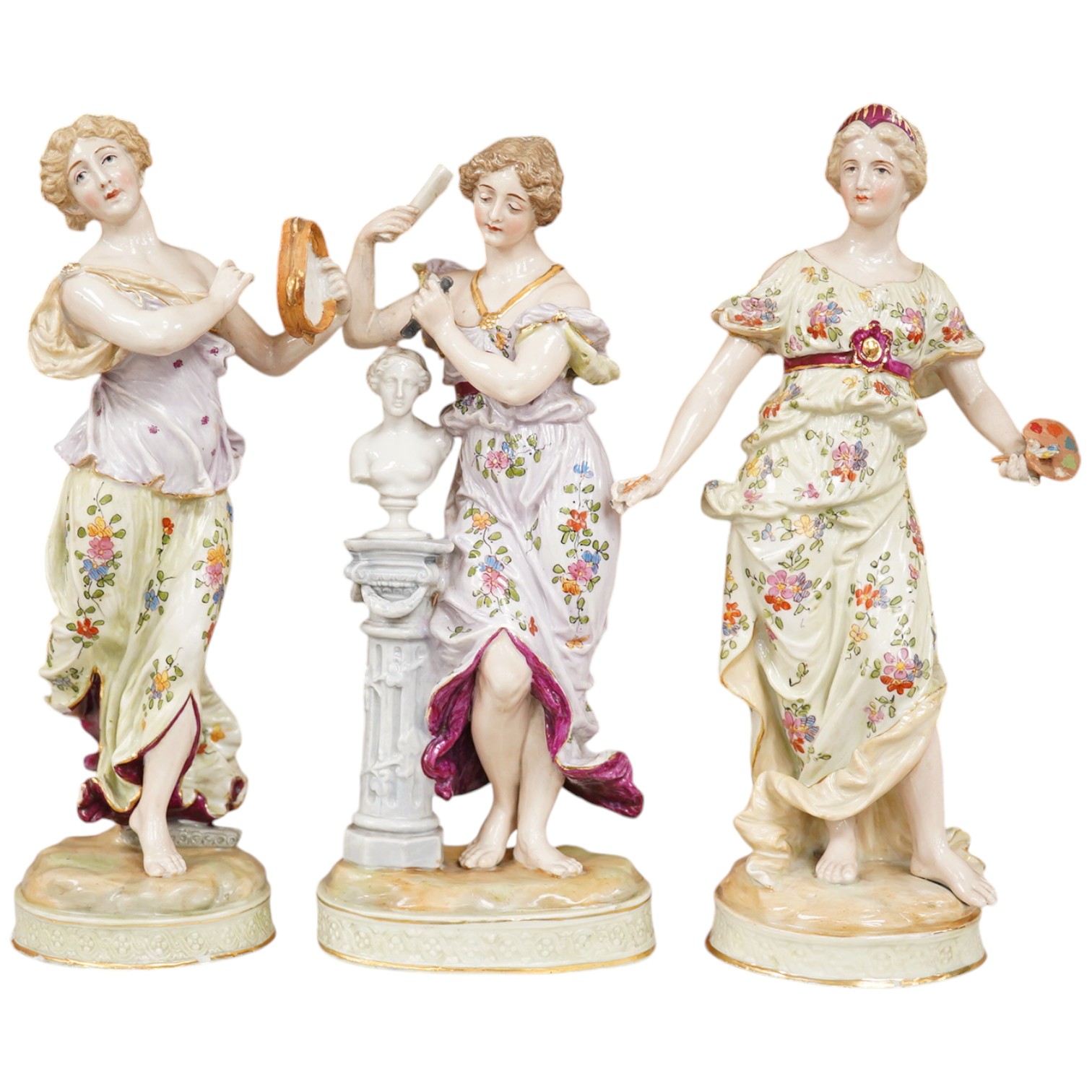 Early 20th century German figural pottery; The Three Graces, tallest 21.5cm high. Condition - restored